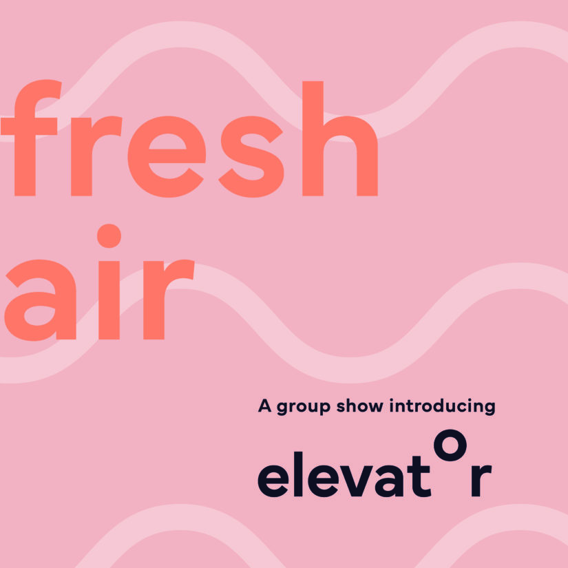 Title of the exhibition: Fresh Air and logo of the art studios Elevator with the o looks like it is bouncing.